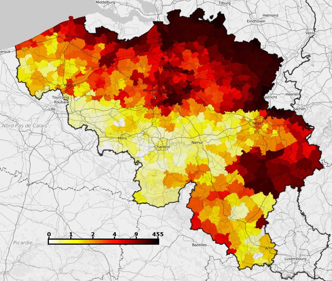 nombre de hollandais vivant en Belgique, par communes. source : www.mappixie.com