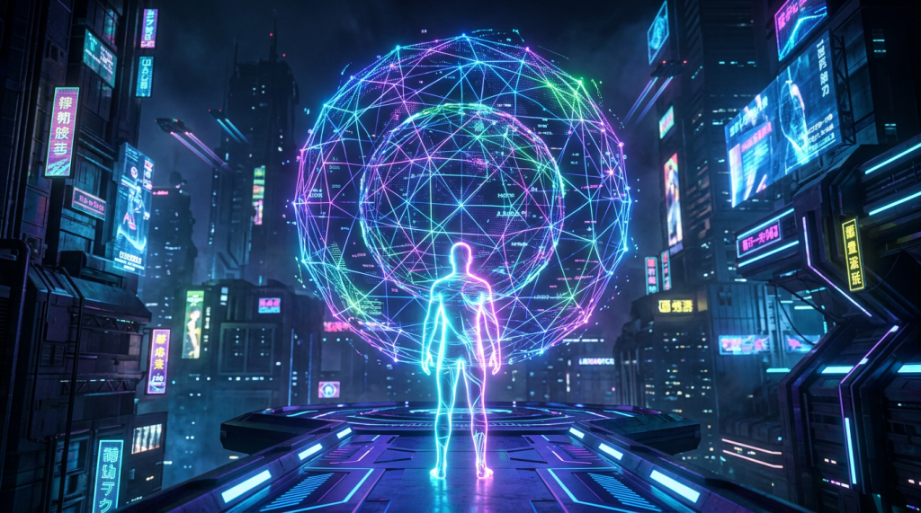 Glowing human figure facing holographic digital globe in neon cyber city