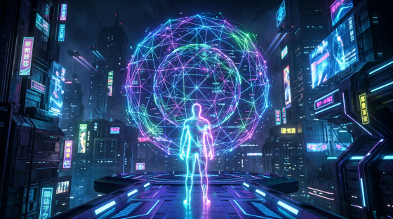 Glowing human figure facing holographic digital globe in neon cyber city