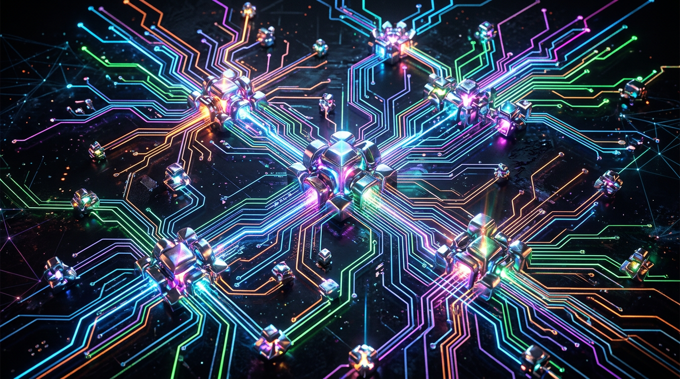 Close-up of a glowing quantum computing circuit with colorful neon pathways