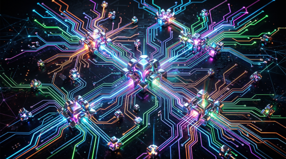 Close-up of a glowing quantum computing circuit with colorful neon pathways