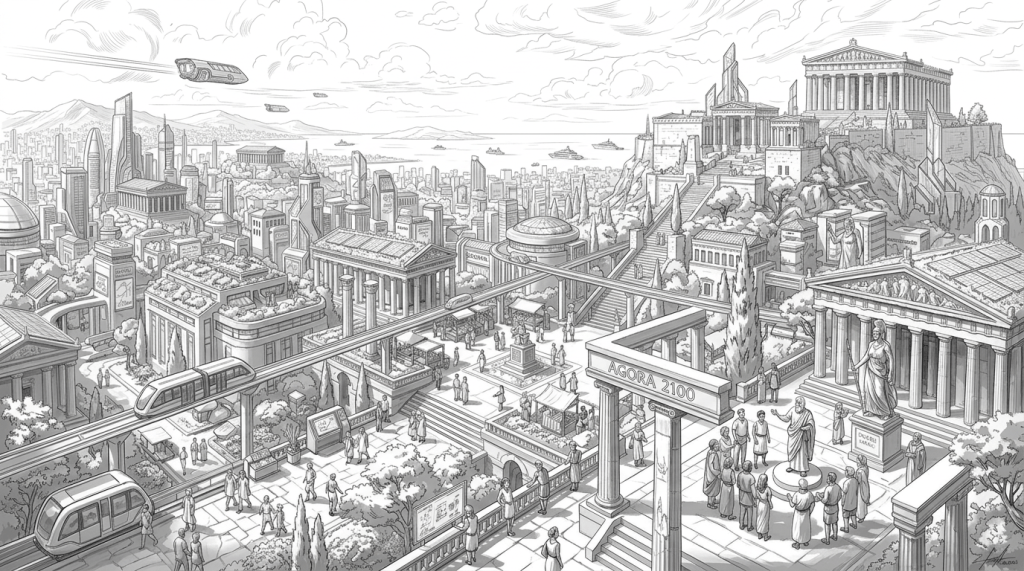 Futuristic city with ancient Greek-style buildings, modern skyscrapers, flying vehicles, and elevated trains