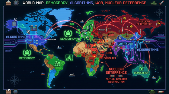 World map showing areas of democracy in green, algorithm influence in blue, war zones in red, and nuclear deterrence marked with missiles and radiation icons.