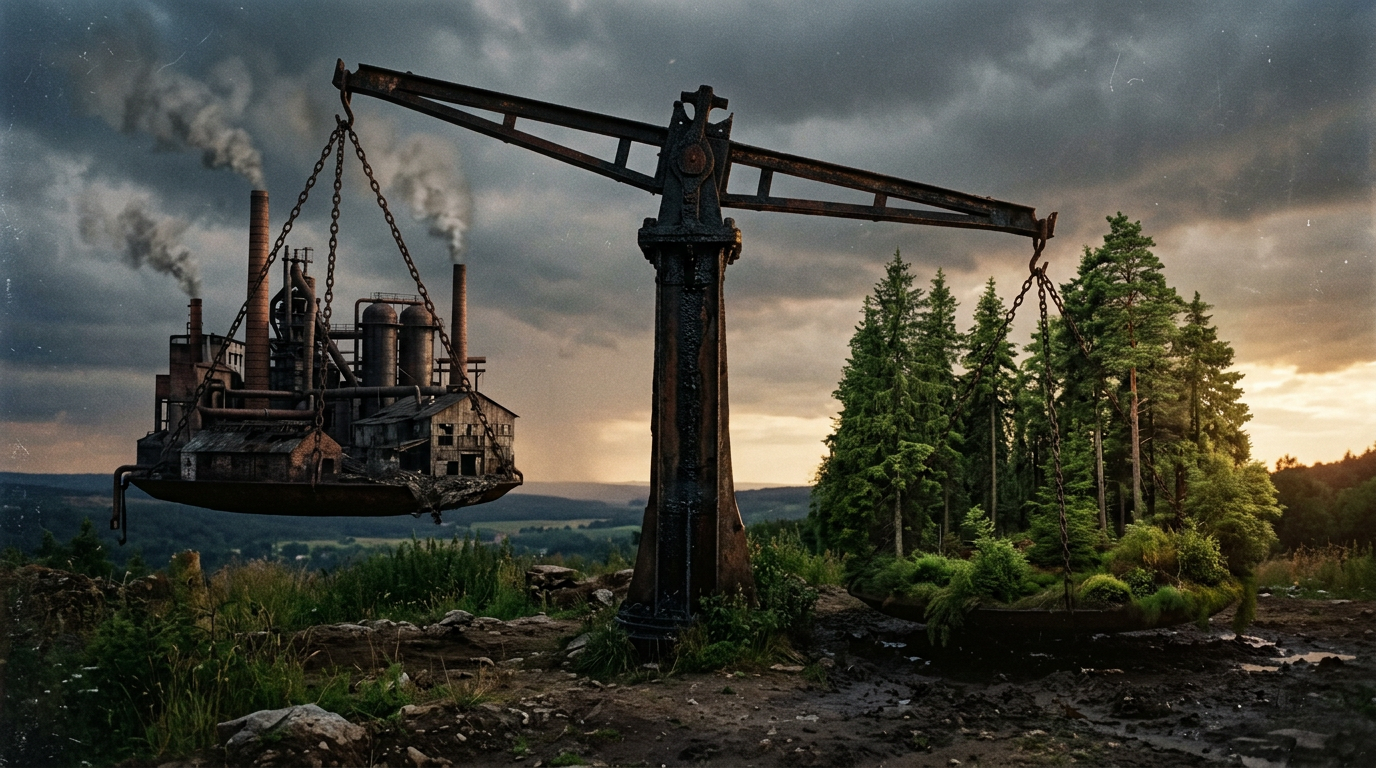 Balance scale with smoky factory on one side and green forest on the other