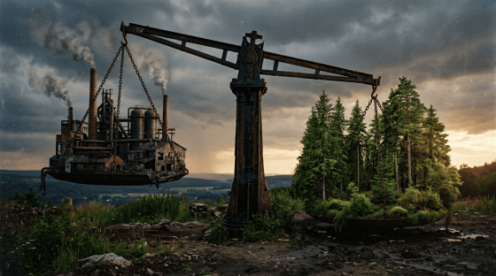 Balance scale with smoky factory on one side and green forest on the other