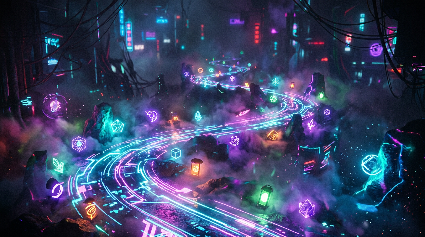 Curved neon pathway with glowing digital symbols and fog in a futuristic city