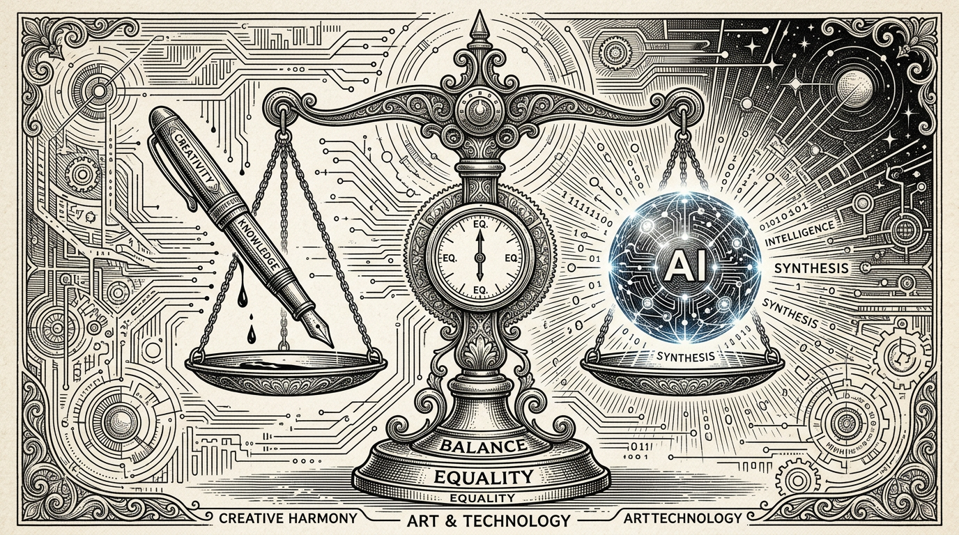 A decorative scale balancing a pen labeled creativity and knowledge against a glowing sphere labeled AI and synthesis