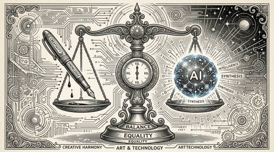 A decorative scale balancing a pen labeled creativity and knowledge against a glowing sphere labeled AI and synthesis