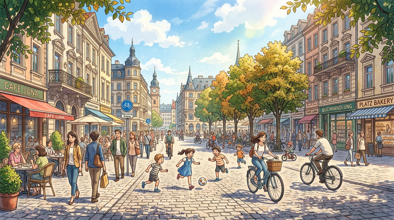 Busy European street with pedestrians, children playing, and cyclists near cafes and shops