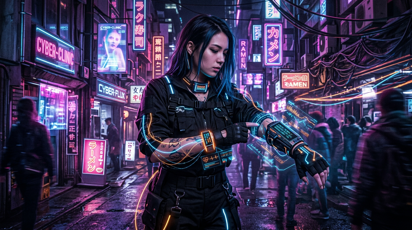 Woman wearing black tactical outfit and holographic displays on arm in neon cyberpunk city street